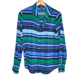 C. Wonder Mix Stripe Silk Shirt Blue Green Gold Buttons S